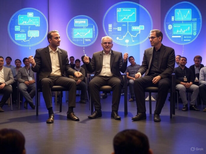 Uma ilustração futurista de um painel de discussão com três palestrantes em um palco moderno, cercados por hologramas de gráficos e ícones de IA, representando a transformação das estratégias de crescimento. O cenário inclui uma plateia de profissionais de startups e investidores, com tons de azul e roxo para transmitir inovação e tecnologia.