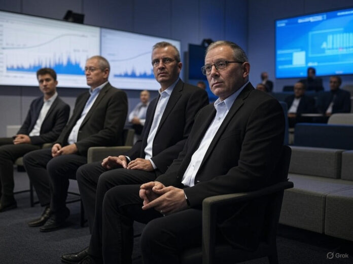 Uma sala de conferências moderna com um painel de discussão em destaque, composto por três especialistas em tecnologia e defesa nacional, com telas ao fundo exibindo gráficos de IA e segurança cibernética. O ambiente transmite inovação e seriedade, com luzes focadas no palco e uma plateia atenta.