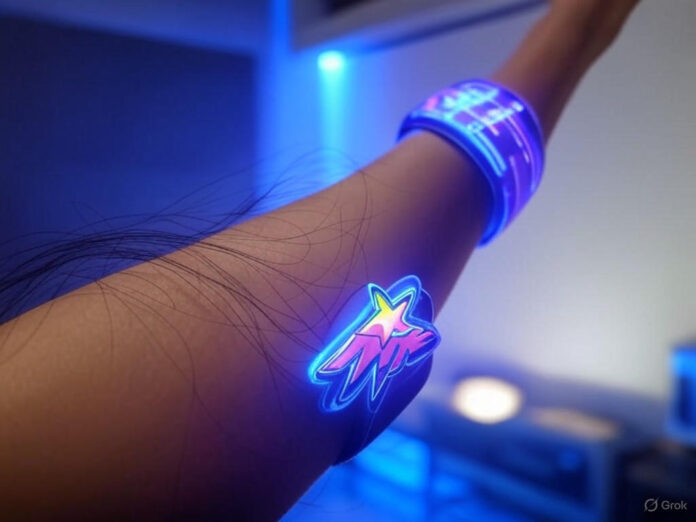 Uma imagem futurista de um bracelete inteligente com IA, no estilo Bee, sendo usado no pulso de uma pessoa, com hologramas de lembretes e listas de tarefas flutuando ao redor. O fundo é tecnológico e moderno, com tons de azul e roxo, destacando a inovação e a inteligência artificial.