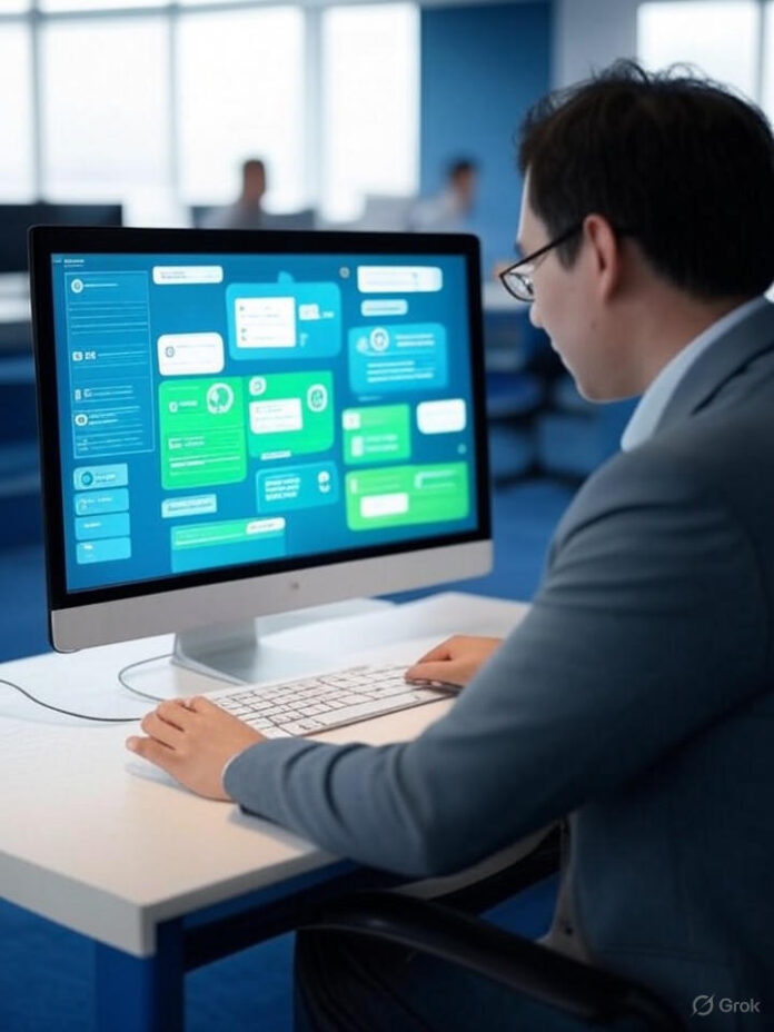 Ambiente de escritório moderno com interface de chatbot de IA em telas de computador, mostrando integração com WhatsApp e plataformas de mensagens, pessoas de negócios trabalhando com agentes de inteligência artificial, tecnologia de comunicação digital, ambiente corporativo profissional, esquema de cores azul e verde representando aplicativos de mensagens