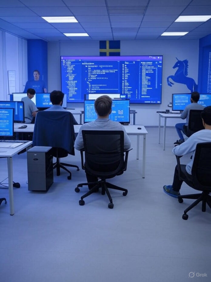 Escritório moderno de startup de tecnologia com interface de codificação por IA em múltiplas telas, cores da bandeira sueca sutilmente incorporadas, desenvolvedores trabalhando com ferramentas de construção de sites alimentadas por IA, ambiente de programação futurista, esquema de cores azul e roxo, iluminação profissional, símbolos da mitologia de unicórnio e centauro integrados sutilmente no fundo, gráficos de crescimento de receita exibidos em monitores na parede