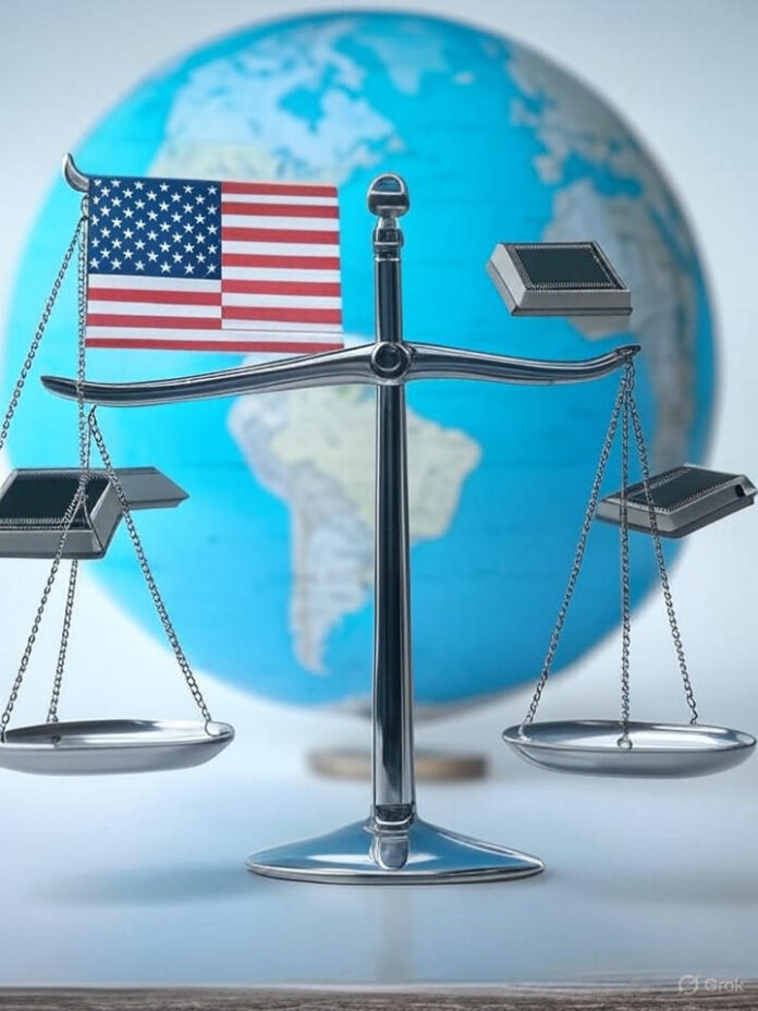 Uma ilustração detalhada mostrando uma balança equilibrada com a bandeira americana de um lado e microchips de computador flutuando do outro lado, com um globo ao fundo mostrando conexões internacionais, representando o equilíbrio entre a liderança americana em IA e os controles de exportação, estilo de arte digital, estética profissional e moderna