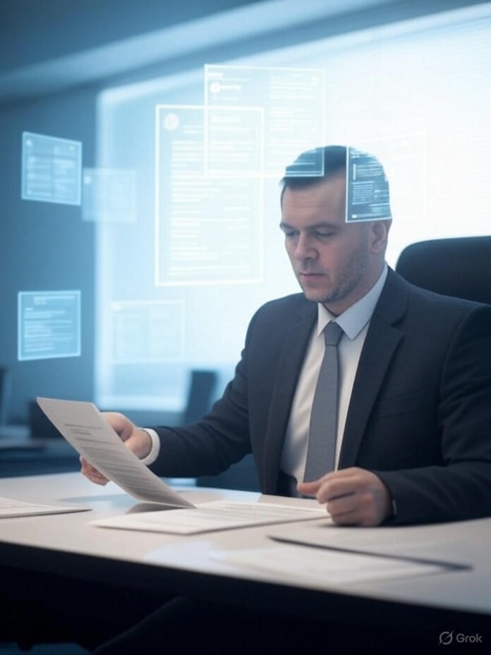 Ambiente de escritório moderno com visualização de tecnologia de IA, mostrando um advogado profissional trabalhando em uma mesa elegante com documentos contratuais holográficos flutuando acima, redes neurais de IA e símbolos legais integrados no fundo, esquema de cores azul e branco, atmosfera futurística de tecnologia jurídica, composição centralizada