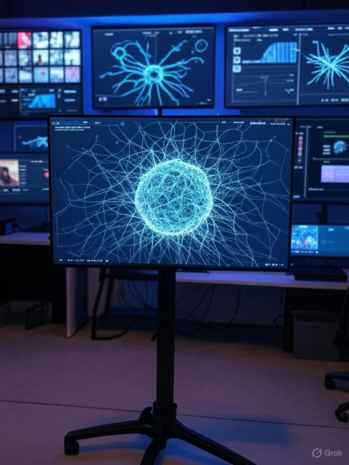 Conceito de tecnologia de IA moderna com múltiplas telas de vídeo e análise de dados, mostrando inteligência artificial processando conteúdo de vídeo, interface digital futurística com miniaturas de vídeo, gráficos de visualização de dados e padrões de rede neural, ambiente profissional de startup de tecnologia, esquema de cores azul e roxo, composição centralizada