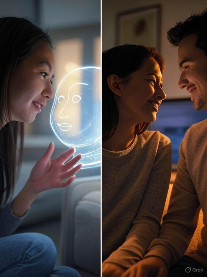 Uma arte digital em tela dividida mostrando no lado esquerdo uma pessoa tendo uma conversa íntima com um holograma de IA brilhante ou interface de chatbot, e no lado direito um casal tendo uma conversa humana real face a face, ambas as cenas devem ser calorosas e emocionais, representando o debate entre companheirismo de IA e conexão humana, estilo de arte digital moderna, iluminação suave, composição centralizada
