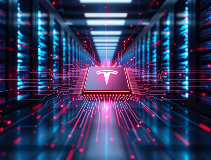 Uma imagem futurista exibindo um supercomputador avançado em um data center, com luzes azuis e vermelhas brilhantes, simbolizando tecnologia de ponta e inteligência artificial. No centro, um chip de computador com o logotipo da Tesla, cercado por engrenagens e circuitos digitais, representando a mudança de estratégia da empresa.