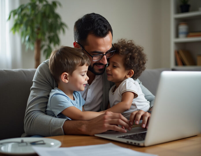 Um executivo de negócios abraçando seus dois filhos pequenos em um ambiente doméstico aconchegante, com um laptop fechado ao fundo, simbolizando a escolha entre carreira e família. A cena deve transmitir calor emocional e decisão.