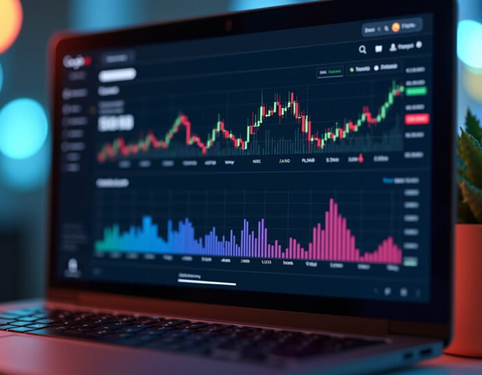 Uma tela de computador exibindo o Google Finance com gráficos avançados de ações e criptomoedas, destacando a interface de IA respondendo a perguntas financeiras. A imagem deve transmitir modernidade e tecnologia, com cores vibrantes e elementos visuais que representem dados financeiros em tempo real.