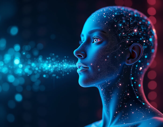 Uma representação futurista de uma voz artificial sendo processada por uma IA, com ondas sonoras digitais e um fundo tecnológico em tons de azul e roxo, simbolizando a fusão entre humanos e máquinas. A imagem deve incluir elementos como microfones, gráficos de onda e um robô ou assistente virtual no centro.