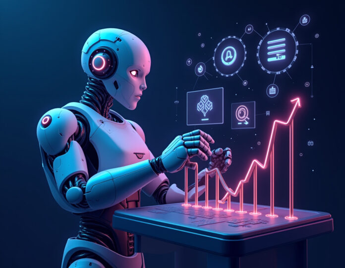 Uma representação futurista de um robô segurando um gráfico de preços em queda, com ícones de moedas e símbolos de inteligência artificial ao fundo, tudo em tons vibrantes de azul e roxo.