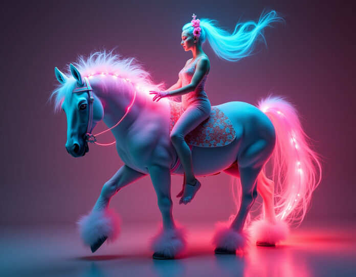 Uma imagem futurista e vibrante mostrando um tububarão antropomórfico usando tênis coloridos e uma bailarina com uma cabeça de cappuccino, cercados por elementos de tecnologia e criatividade digital, como ícones de IA e telas flutuantes com códigos. O fundo deve ser um misto de cores neon e efeitos digitais, destacando a natureza inovadora e bizarra dos vídeos gerados por IA.