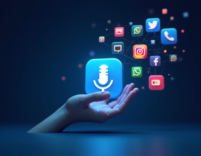 Uma representação futurista do Siri como um assistente virtual inteligente, com ícones de aplicativos populares como Uber, WhatsApp e YouTube flutuando ao redor. O fundo deve ser limpo e moderno, com tons de azul e branco, destacando a centralidade da tecnologia de voz.