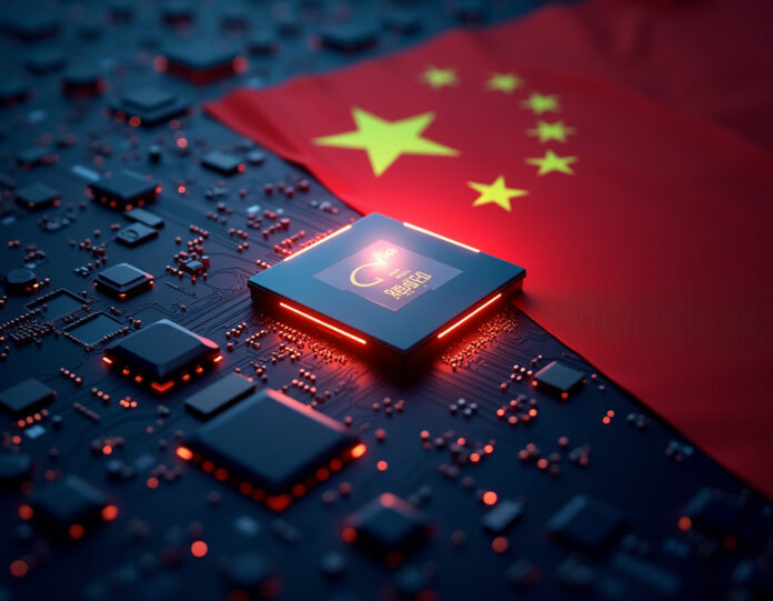 Uma imagem futurista exibindo um chip de IA brilhante no centro, com um fundo abstrato de circuitos eletrônicos e bandeiras dos EUA e China desfocadas ao fundo, simbolizando a relação comercial e tecnológica entre os dois países.