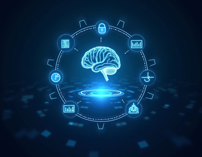 Uma imagem futurista representando a inteligência artificial generativa, com um holograma de um cérebro digital cercado por ícones de segurança e confiança, em um fundo azul tecnológico. No centro, um painel de controle com gráficos e dados, simbolizando a avaliação e monitoramento de IA.
