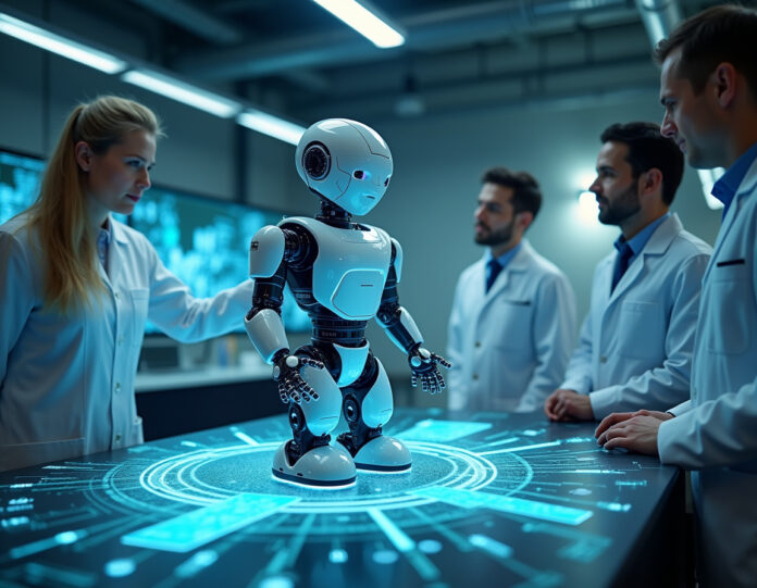 Uma imagem futurista mostrando um robô humanoide interagindo com um ambiente virtual 3D, enquanto cientistas da Nvidia observam em um laboratório de alta tecnologia. O robô está centralizado, com hologramas de dados e simulações ao seu redor, simbolizando a convergência de IA e robótica.