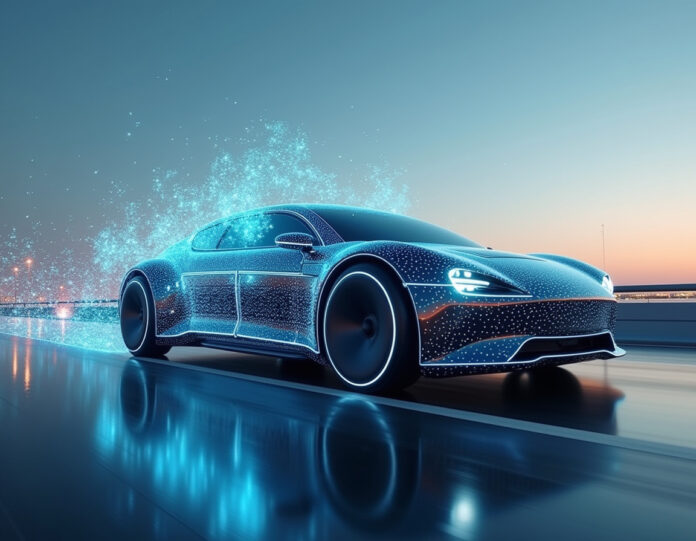 Um caminhão autônomo da Waabi em uma rodovia moderna, com tecnologia de inteligência artificial destacada em hologramas ao redor do veículo, simbolizando inovação e o futuro do transporte.
