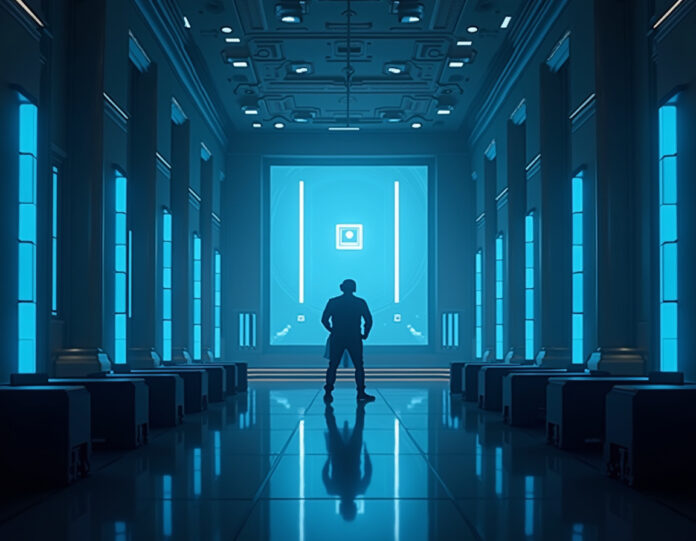 Uma imagem futurista representando a competição entre duas empresas de IA (Anthropic e OpenAI) no cenário governamental dos EUA, com símbolos dos três poderes (Executivo, Legislativo e Judiciário) ao fundo. A cena deve transmitir inovação e tecnologia avançada, com tons de azul e dourado para destacar a seriedade e o impacto da notícia.