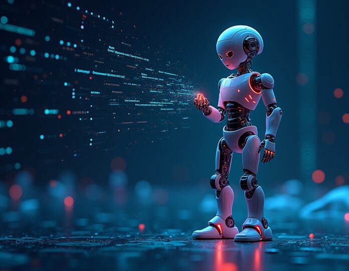Uma ilustração futurista de um robô programador, com linhas de código flutuando ao seu redor, representando a capacidade avançada de processamento de informações do Claude Sonnet 4. O robô está em um ambiente tecnológico, com gráficos e dados visíveis no fundo, simbolizando a integração com plataformas de nuvem como Amazon Bedrock e Google Cloud.