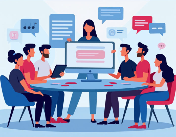 Uma ilustração futurista de um chat em grupo com várias pessoas e um assistente de IA (representado por um ícone ou avatar digital) participando da conversa. O fundo deve ser limpo, com tons de azul e roxo, transmitindo inovação e tecnologia. O assistente de IA deve estar centralizado, destacando sua interação com os participantes humanos.