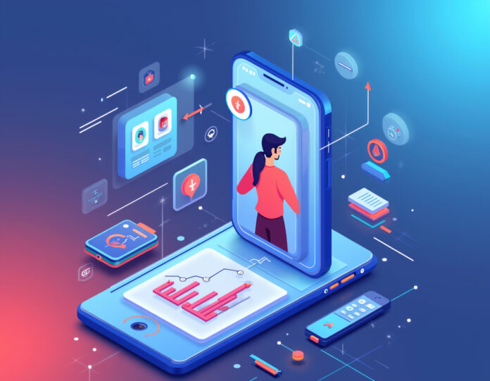 Uma ilustração futurista mostrando um smartphone com um aplicativo de IA aberto, exibindo um personagem virtual animado interagindo com um usuário. Ao fundo, gráficos de crescimento financeiro e ícones de downloads, tudo em tons vibrantes de azul e roxo, simbolizando tecnologia e inovação.