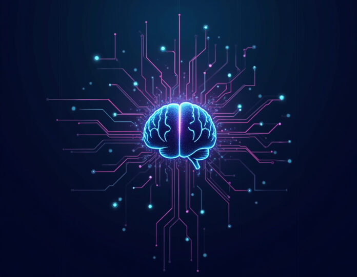 Uma representação futurista de um cérebro humano conectado a circuitos digitais, simbolizando a interface cérebro-computador, com tons de azul e roxo para transmitir inovação e tecnologia avançada. O cérebro deve estar centralizado, com linhas de dados fluindo ao redor, criando uma atmosfera de conexão entre biologia e máquina.