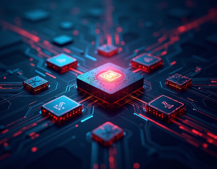 Uma imagem futurista representando um roteador de IA centralizado, com fluxos de dados coloridos saindo dele e se conectando a diferentes modelos de IA ao redor. No centro, um símbolo do GPT-5 brilhando, cercado por ícones de configurações como 'Automático', 'Rápido' e 'Pensativo'. O fundo é tecnológico, com tons de azul e roxo, transmitindo inovação e complexidade.