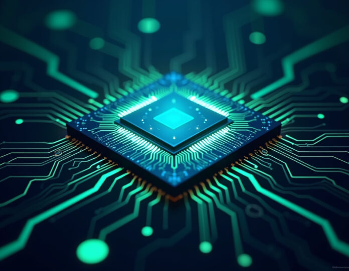 Uma ilustração futurista de um chip de computador brilhante, com circuitos azuis e verdes, representando inovação e eficiência energética. O chip está centralizado, com um fundo escuro que simboliza tecnologia avançada e data centers.