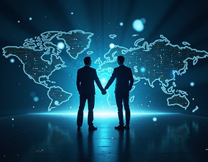 Uma imagem futurista representando a colaboração entre equipes de IA, com hologramas de códigos e gráficos de desempenho flutuando no ar, simbolizando a fusão de talentos e tecnologia. No centro, dois líderes de equipe apertando as mãos, cercados por uma aura de inovação e segurança digital.