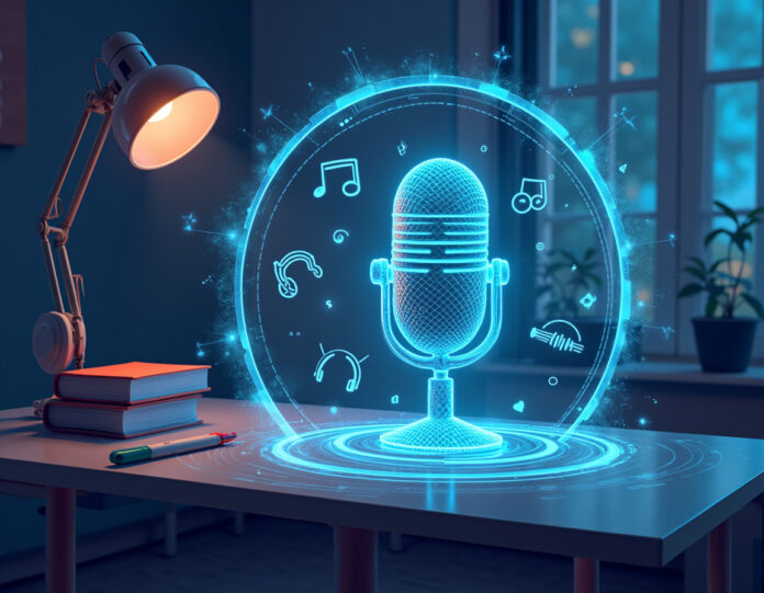 Uma ilustração futurista de um estúdio de áudio digital, com um microfone cercado por hologramas de gráficos de IA, representando a fusão entre criatividade humana e tecnologia. No fundo, uma prateleira com livros e fones de ouvido simboliza a evolução do conteúdo de áudio.