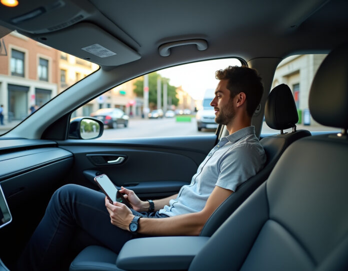 Um carro autônomo da Waymo navegando pelas ruas movimentadas de uma cidade moderna, com destaque para o interior do veículo, onde um passageiro está relaxando no banco traseiro enquanto ouve música em um smartphone conectado ao sistema de som do carro. A cena transmite conforto e tecnologia futurista.