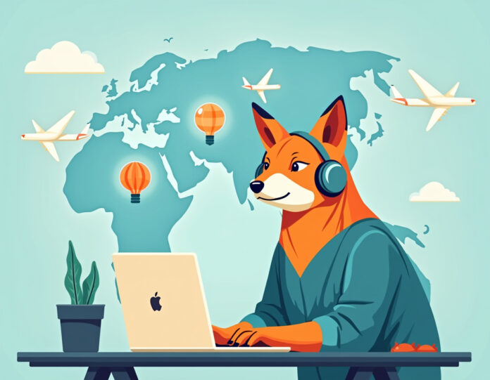 Uma imagem ilustrativa de um viajante feliz usando um laptop para pesquisar voos, com um mapa mundial ao fundo e ícones de avião e tags de desconto flutuando ao redor. A cena deve transmitir modernidade e facilidade de uso, com cores vibrantes e um design limpo.