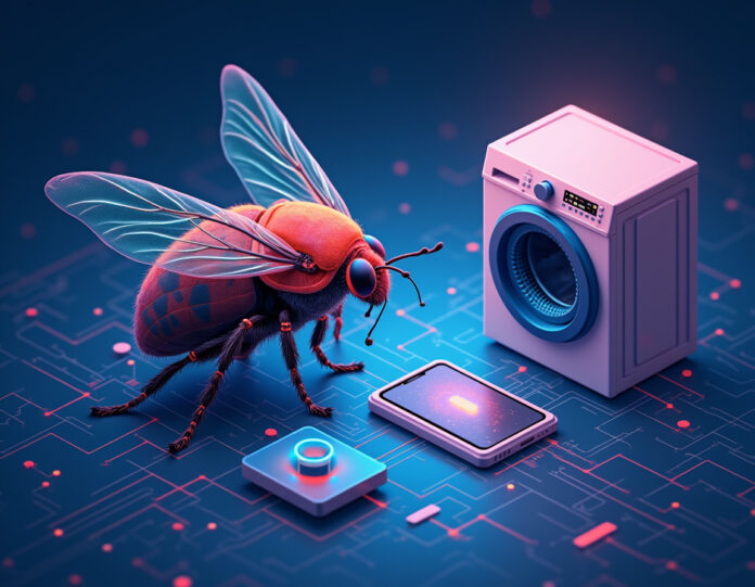Uma ilustração futurista mostrando um cérebro de mosca e um cérebro de galinha ao lado de dispositivos IoT, como um smartphone e uma máquina de lavar, com linhas de conexão representando a integração de IA. Fundo tecnológico com tons de azul e roxo, destacando a inovação e a compactação.