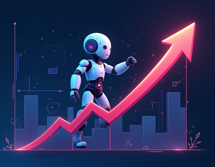 Uma ilustração futurista de um robô segurando um gráfico de crescimento exponencial, com fundo em tons de azul e roxo, simbolizando tecnologia e inovação. O robô está centralizado, com ícones de código flutuando ao redor, representando a inteligência artificial e o crescimento da startup Loveable.