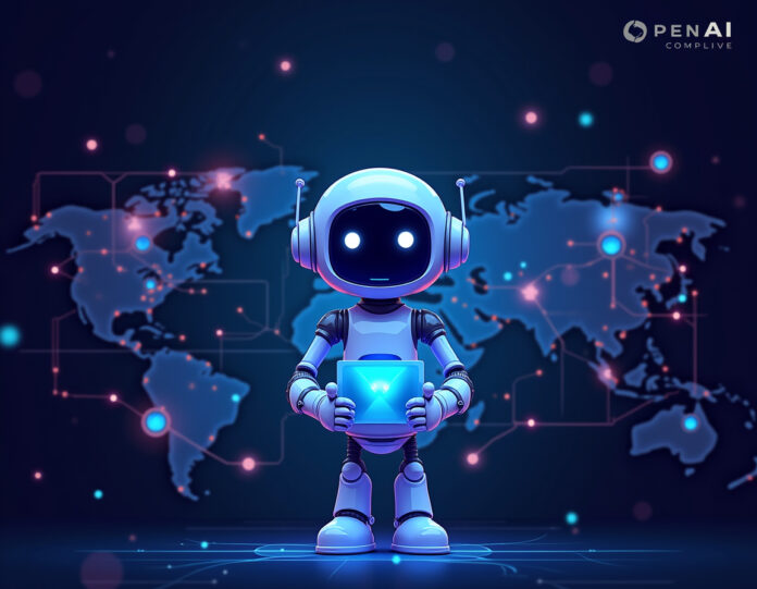 Uma representação futurista de um chatbot de IA interagindo com usuários globais, exibindo conexões digitais e um fundo tecnológico vibrante, com destaque para o logotipo da OpenAI.
