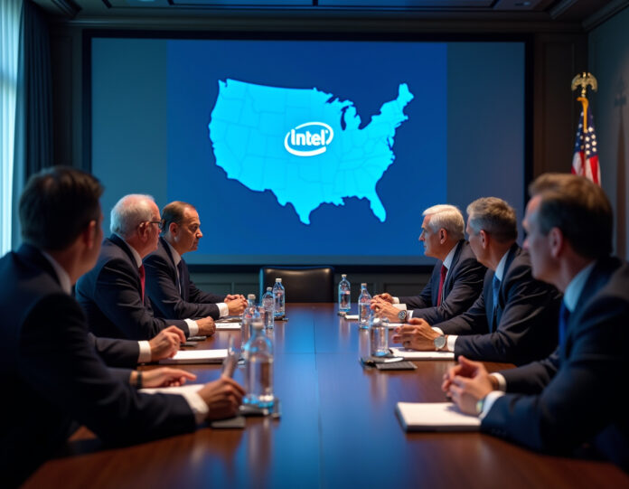 Uma reunião de negócios em uma sala de conferências moderna, com representantes do governo dos EUA e executivos da Intel discutindo documentos importantes. Ao fundo, um mapa dos Estados Unidos com destaque para o estado de Ohio, simbolizando a fábrica de chips. Tom sério e profissional, com cores corporativas e elementos tecnológicos discretos.