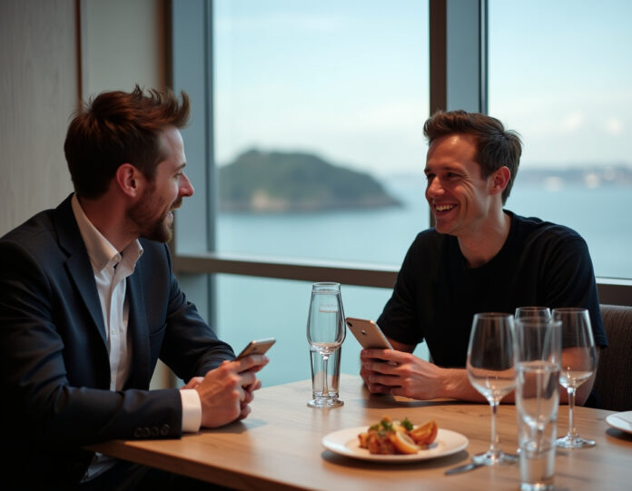 Sam Altman em um restaurante elegante em São Francisco, com vista para a Ilha de Alcatraz ao fundo, discutindo o futuro da OpenAI com um grupo de jornalistas. Ele segura um iPhone sem capa, simbolizando sua obsessão pelo design, enquanto pratos sofisticados e taças de vinho adornam a mesa. O ambiente é moderno e futurista, refletindo a visão inovadora da OpenAI.