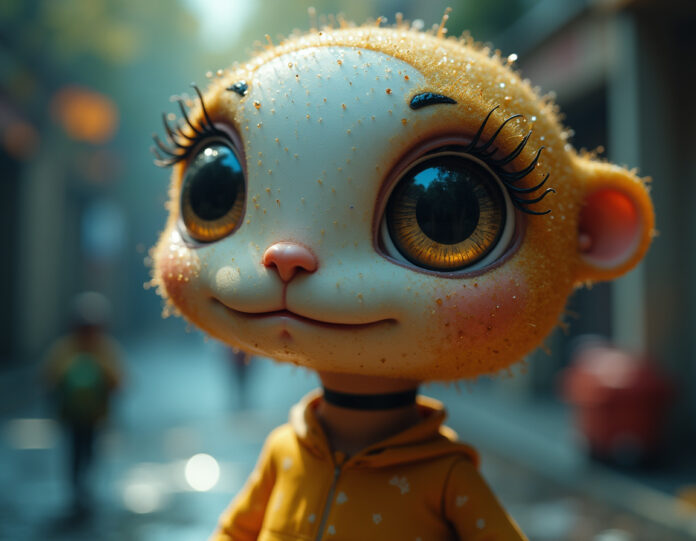 Uma pelúcia fofa com olhos brilhantes e um pequeno dispositivo de IA incorporado, cercada por crianças curiosas e um ambiente aconchegante, destacando a interação entre humanos e tecnologia.