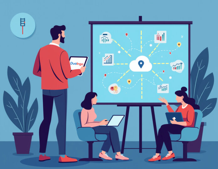 Uma ilustração moderna de um CEO em frente a um painel digital com gráficos e ícones de IA, segurando um tablet com o logotipo da Duolingo. Ao fundo, pessoas de diversas nacionalidades aprendendo idiomas com dispositivos tecnológicos. O estilo é limpo e futurista, com cores vibrantes.