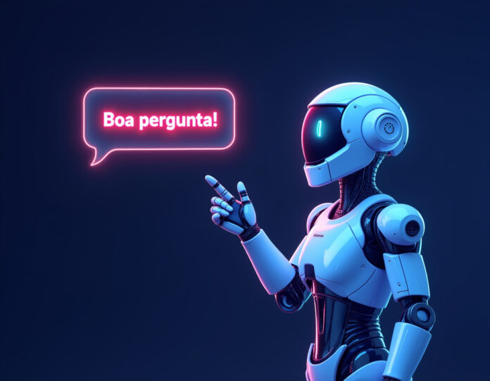 Uma representação visual de um chatbot de IA com um design moderno e acolhedor, exibindo uma mensagem amigável como 'Boa pergunta!' em uma tela brilhante. O fundo deve ser futurista, com tons suaves de azul e roxo, transmitindo confiança e inovação.