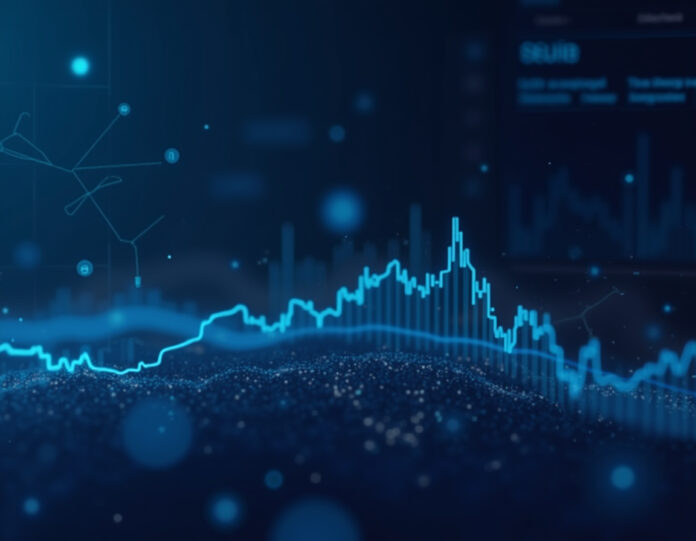 Uma imagem futurista de um painel financeiro digital com gráficos em tempo real, ícones de ações indianas e um fundo que representa o mercado global, com tons de azul e dourado para transmitir confiança e inovação.