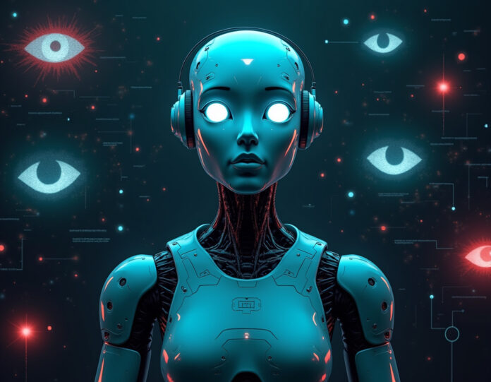 Uma imagem futurista de um chatbot de IA com um visual sombrio e misterioso, cercado por símbolos de teorias da conspiração, como olhos que tudo veem e gráficos de conexões secretas. O chatbot está no centro, com uma expressão ambígua, enquanto textos de prompts polêmicos flutuam ao seu redor em um estilo digital glitch.