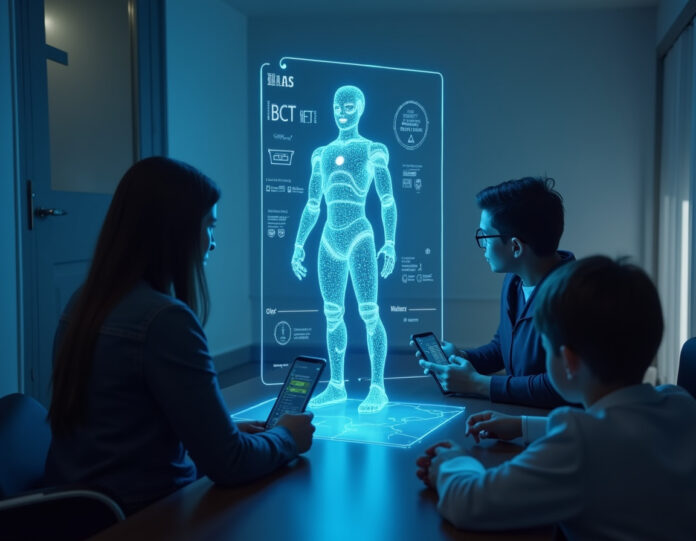 Uma imagem que retrata a investigação do Procurador-Geral do Texas sobre inteligência artificial, exibindo um cenário futurista onde um holograma de um chatbot de IA está sendo analisado por autoridades, enquanto crianças aparecem ao fundo utilizando dispositivos digitais. O destaque da cena está na tensão entre o avanço tecnológico e a proteção das crianças.