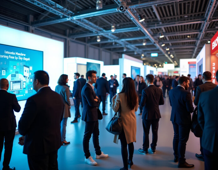 Uma fotografia profissional dinâmica de um moderno salão de exposições tecnológicas no Moscone Center em São Francisco, mostrando uma multidão movimentada de diversos profissionais de negócios fazendo networking em torno de estandes de exposição elegantes. Em primeiro plano, uma equipe de startup demonstra seu produto tecnológico para investidores interessados. A atmosfera é energética e inovadora, com arquitetura moderna limpa, displays digitais mostrando visuais tecnológicos e iluminação natural. A composição está centrada na interação entre expositores e participantes, capturando a emoção das conexões de negócios acontecendo em tempo real. Estilo de fotografia profissional de eventos empresariais, foco nítido, cores vibrantes.
