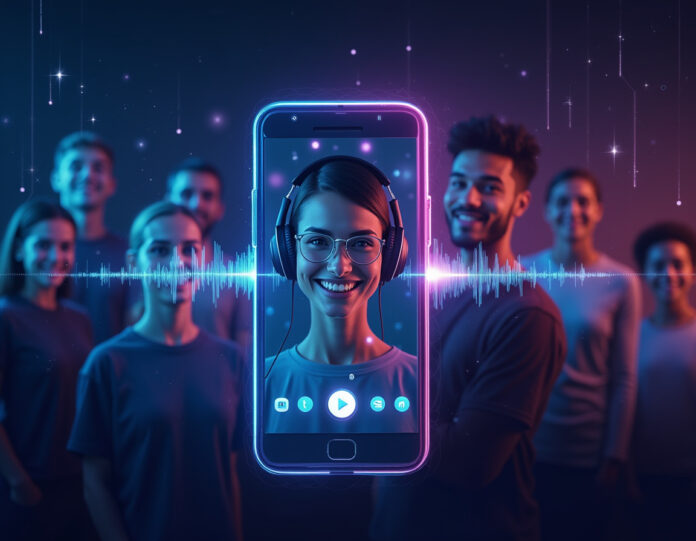 Uma interface digital moderna mostrando a tecnologia de tradução de voz com inteligência artificial em ação, com um smartphone exibindo os aplicativos do Facebook e Instagram lado a lado, ondas sonoras visuais se transformando entre idiomas, um grupo diversificado de criadores internacionais sorrindo enquanto gravam conteúdo, com padrões de rede neural de IA brilhantes no fundo, composição centralizada com estéticas tecnológicas vibrantes em azul e roxo