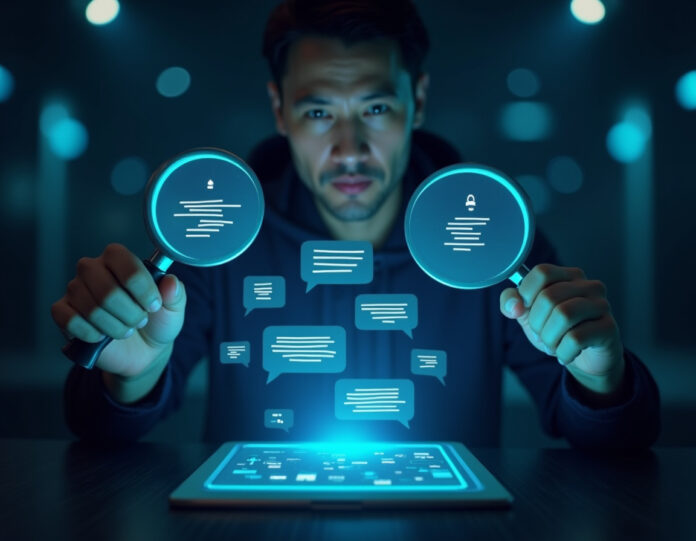 Um conceito de violação de privacidade digital mostrando uma interface futurista de chatbot de IA com bolhas de conversa expostas flutuando para fora de uma tela, sendo capturadas por lupas de mecanismos de busca, com um usuário preocupado em segundo plano, composição centralizada, estilo cyberpunk, tema escuro com detalhes em azul brilhante