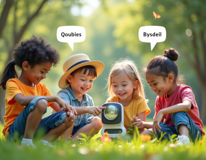 Um grupo feliz e diversificado de crianças com idades entre 3-8 anos explorando a natureza com um dispositivo futurista de lupa, apontando para flores e folhas, com balões de fala mostrando traduções em línguas estrangeiras flutuando ao redor delas, dia ensolarado e brilhante em um ambiente de parque, tema de tecnologia educacional, composição centralizada, cores vibrantes, estilo realista