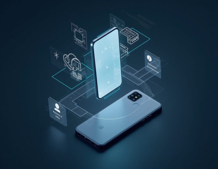 Um smartphone moderno com recursos avançados de IA flutuando no centro, rodeado por interfaces holográficas mostrando tradução em tempo real, sobreposições de câmera e sugestões de IA. O telefone deve ter um design elegante com o logotipo do Google Pixel visível. No fundo, elementos visuais sutis representando inteligência artificial como redes neurais, fluxos de dados e ícones de assistente inteligente. O estilo geral deve ser futurista e tecnológico com uma estética limpa e profissional. Foco central no smartphone com elementos de IA emanando dele.