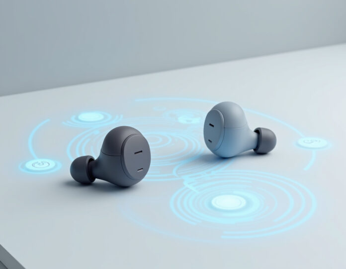 Fones de ouvido sem fio modernos com design elegante, um par na cor avelã e um par na cor pedra da lua, posicionados sobre uma superfície branca limpa com hologramas sutis de tecnologia de IA azuis ao redor, mostrando ondas sonoras futuristas e ícones de reconhecimento de gestos, estilo de fotografia profissional de produto, composição centralizada, fundo limpo