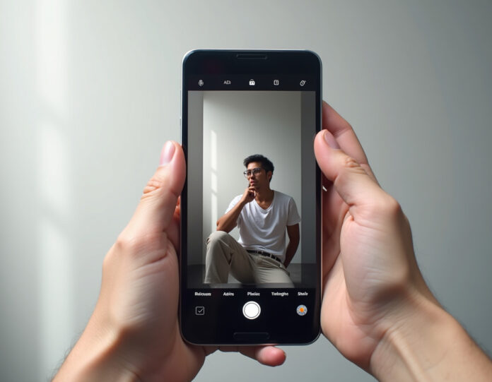 Um smartphone moderno com o aplicativo Google Fotos aberto, mostrando a transformação de edição de fotos antes e depois usando tecnologia de IA, com interface de comando de voz visível, composição centralizada com design minimalista limpo, iluminação fotográfica profissional, alta resolução, estilo de arte digital