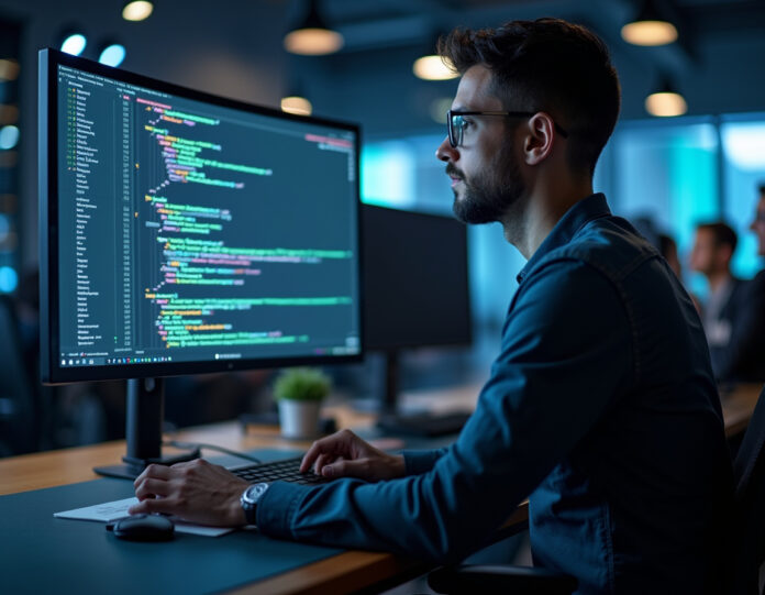 Um espaço de trabalho corporativo moderno com um desenvolvedor utilizando uma interface de linha de comando em um monitor grande, mostrando código sendo gerado por um assistente de IA. O desenvolvedor está cercado por infraestrutura tecnológica empresarial, com colaboração em equipe ocorrendo em segundo plano. A imagem deve transmitir inovação, integração tecnológica e adoção corporativa de IA, com a ferramenta de codificação por IA exibida de forma proeminente e centralizada na composição.